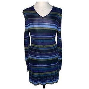 Laundry by Shelli Segal striped bodycon V-neck long sleeved dress blue green M